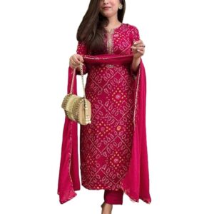 GoSriKi Women's Rayon Viscose Straight Bandhej Printed Kurta with Pant & Dupatta
