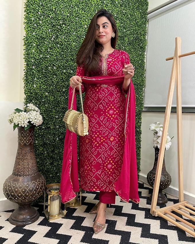 GoSriKi Women's Rayon Viscose Straight Bandhej Printed Kurta with Pant & Dupatta - Image 3