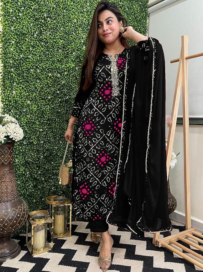 GoSriKi Women's Rayon Viscose Straight Bandhej Printed Kurta with Pant & Dupatta - Image 2